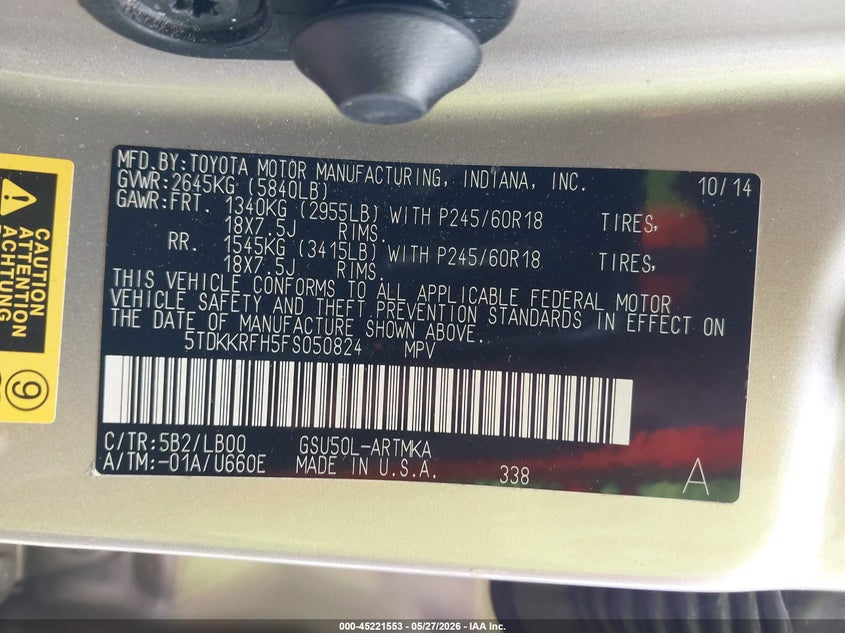 2015 Toyota Highlander VIN 5TDKKRFH5FS050824 IAAI salvage auction — FRONT END, Salvage Title, sold $4,425 on 2026-07-29 (photo 9)