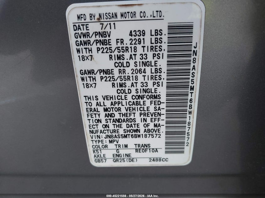 2011 Nissan Rogue VIN JN8AS5MT6BW187572 IAAI salvage auction — LEFT FRONT, Salvage (North Carolina), sold $400 on 2026-07-16 (photo 9)