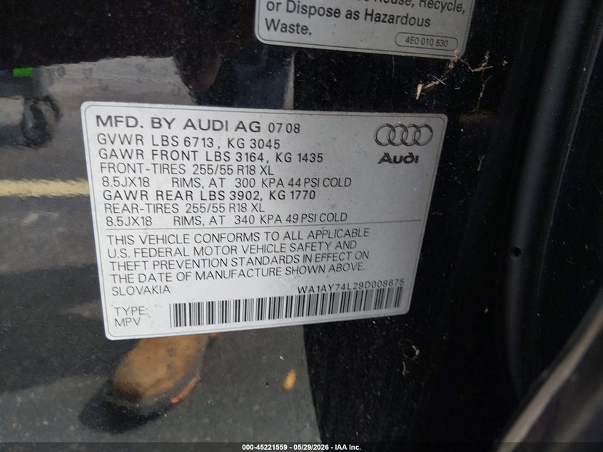 2009 Audi Q7 VIN WA1AY74L29D008675 IAAI salvage auction — RIGHT SIDE, Rebuildable (Florida), sold $375 on 2026-07-09 (photo 9)