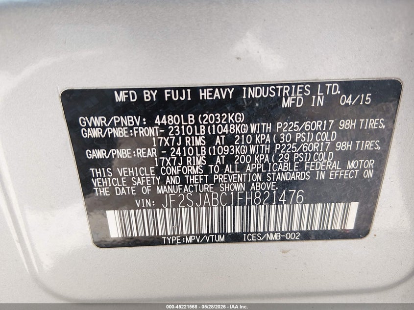 2015 Subaru Forester VIN JF2SJABC1FH821476 IAAI salvage auction — LEFT FRONT, Salvage (West Virginia), sold $1,500 on 2026-07-16 (photo 9)