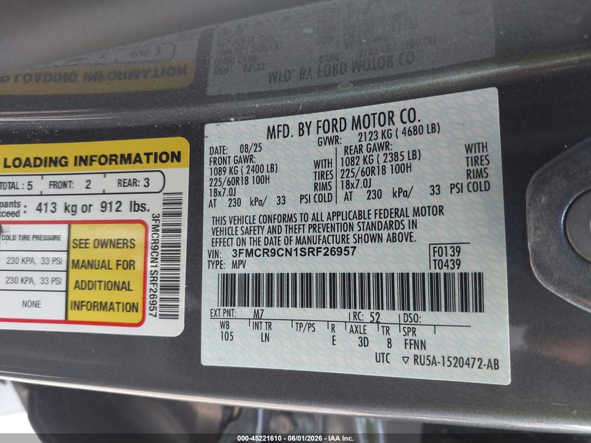 2025 Ford Bronco sport VIN 3FMCR9CN1SRF26957 IAAI salvage auction — ROOF, Salvage Title, sold $9,600 on 2026-07-24 (photo 9)