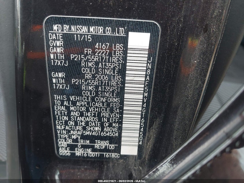2016 Nissan Juke VIN JN8AF5MV4GT654504 IAAI salvage auction — FRONT END, Salvage Title, sold $1,125 on 2026-07-22 (photo 9)