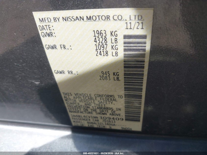 2022 Nissan Altima VIN 1N4BL4CV1NN309409 IAAI salvage auction — RIGHT SIDE, Salvage (Indiana), sold $3,850 on 2026-08-24 (photo 9)