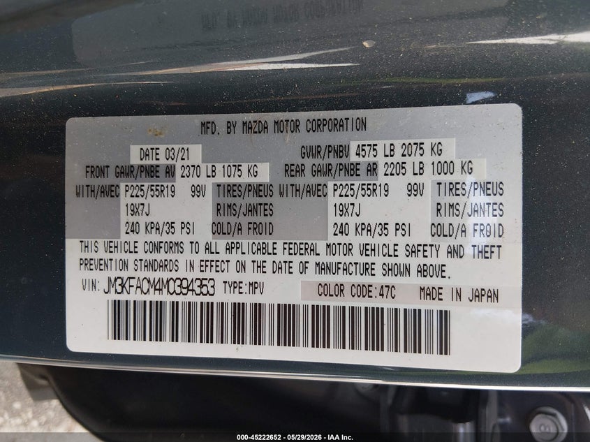 2021 Mazda Cx-5 VIN JM3KFACM4M0394353 IAAI salvage auction — RIGHT REAR, Salvage (South Carolina), sold $6,800 on 2026-07-08 (photo 9)