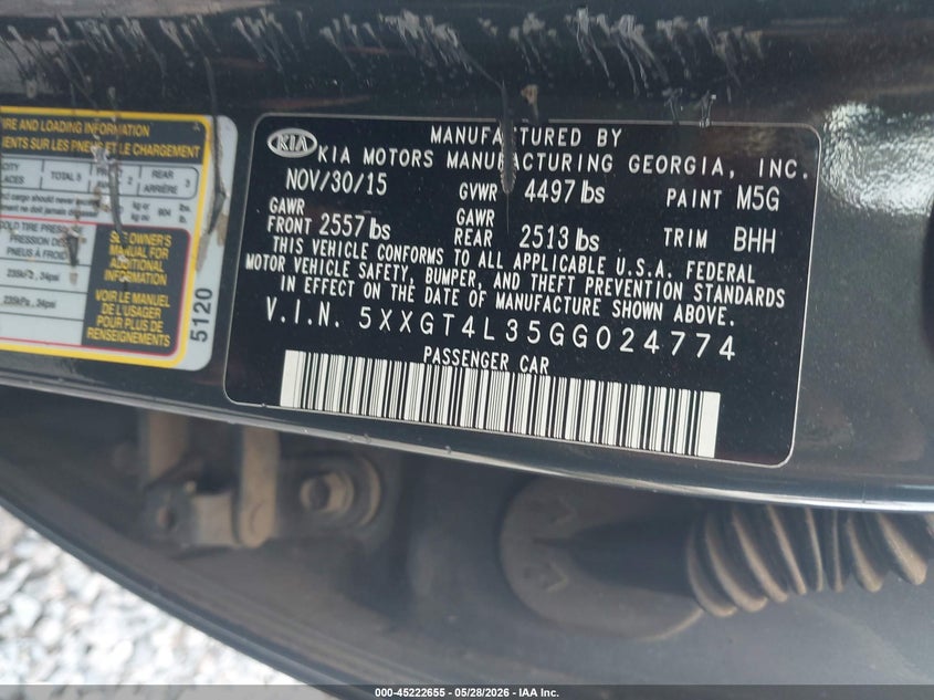 2016 Kia Optima VIN 5XXGT4L35GG024774 IAAI salvage auction — REAR END, Salvage Title, sold $1,100 on 2026-07-20 (photo 9)