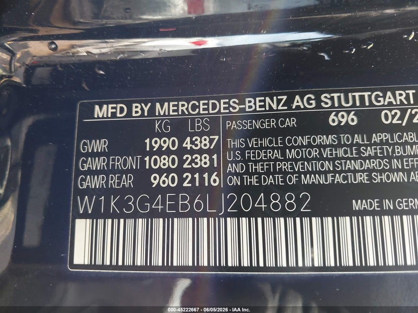 2020 Mercedes-benz A-klasse VIN W1K3G4EB6LJ204882 IAAI salvage auction — FRONT END, Salvage Title, sold $5,650 on 2026-07-22 (photo 9)