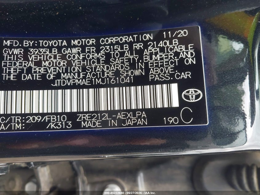 2021 Toyota Corolla VIN JTDVPMAE1MJ161041 IAAI salvage auction — LEFT FRONT, Salvage Title, sold $5,825 on 2026-07-08 (photo 9)