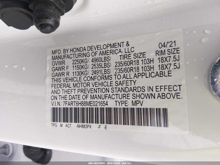 2021 Honda Cr-v VIN 7FART6H88ME021654 IAAI salvage auction — LEFT REAR, Salvage (South Carolina), sold $12,100 on 2026-07-29 (photo 9)
