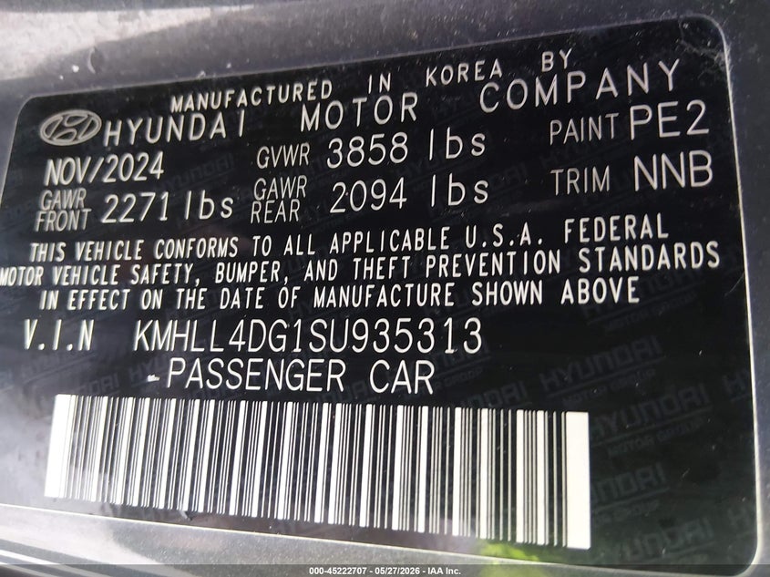 2025 Hyundai Elantra VIN KMHLL4DG1SU935313 IAAI salvage auction — LEFT FRONT, Salvage (Kentucky), sold $5,100 on 2026-07-31 (photo 9)