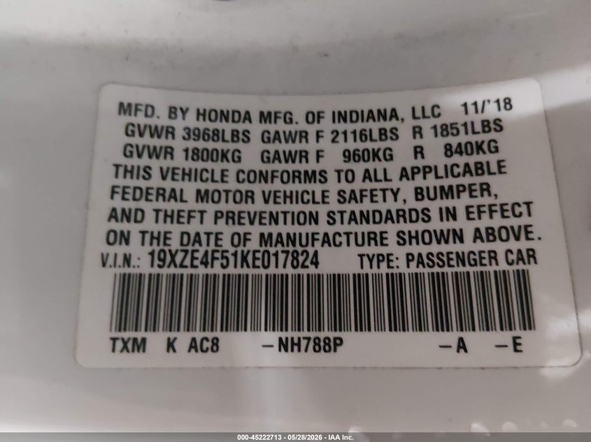 2019 Honda Insight VIN 19XZE4F51KE017824 IAAI salvage auction — HAIL, Salvage (Kansas), sold $8,250 on 2026-07-31 (photo 9)