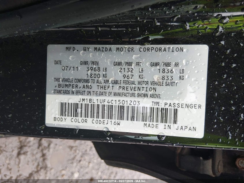 2012 Mazda 3 VIN JM1BL1UF4C1501203 IAAI salvage auction — NORMAL WEAR, Original (Ohio), sold $250 on 2026-07-15 (photo 9)