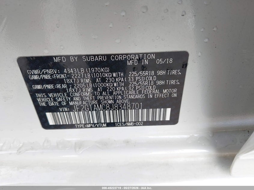 2018 Subaru Xv VIN JF2GTAMC8J8348701 IAAI salvage auction — FRONT END, Salvage (Oregon), sold $225 on 2026-07-28 (photo 9)