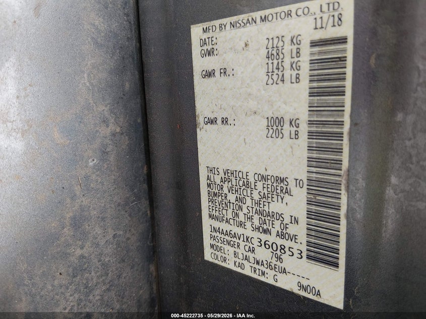 2019 Nissan Maxima VIN 1N4AA6AV1KT360853 IAAI salvage auction — LEFT SIDE, Salvage Title, sold $950 on 2026-07-09 (photo 9)