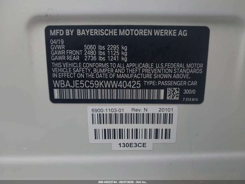 2019 BMW 5er VIN WBAJE5C59KWW40425 IAAI salvage auction — FRONT END, Salvage (Georgia), sold $6,300 on 2026-07-28 (photo 9)