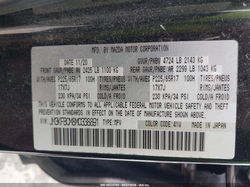 2021 Mazda Cx-5 VIN JM3KFBCM8M0338891 IAAI salvage auction — RIGHT SIDE, Salvage Title, sold $4,250 on 2026-07-15 (photo 9)
