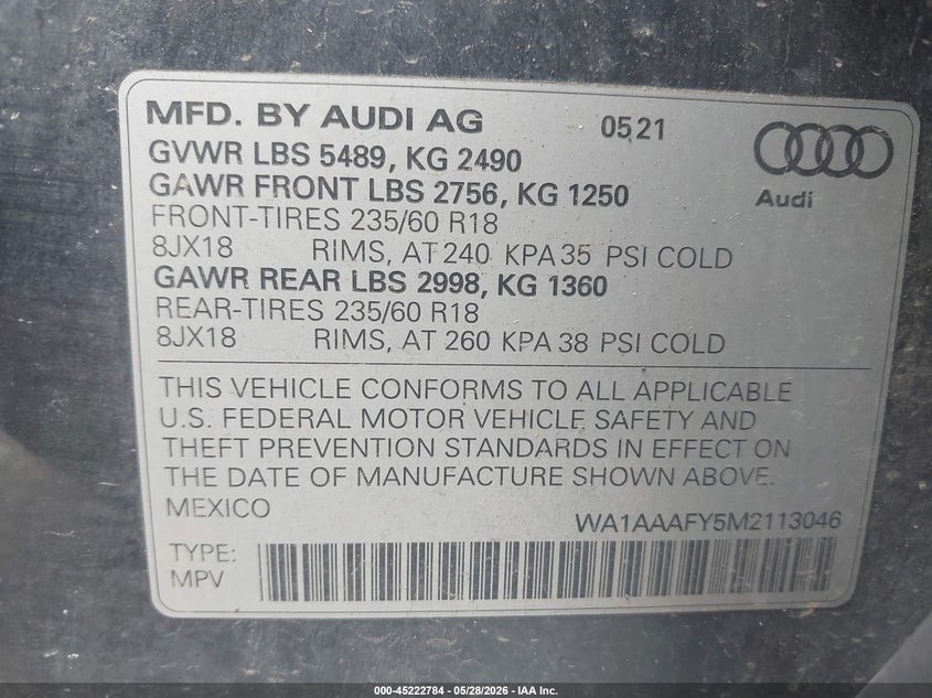2021 Audi Q5 VIN WA1AAAFY5M2113046 IAAI salvage auction — RIGHT SIDE, Salvage Title, sold $12,100 on 2026-07-09 (photo 9)