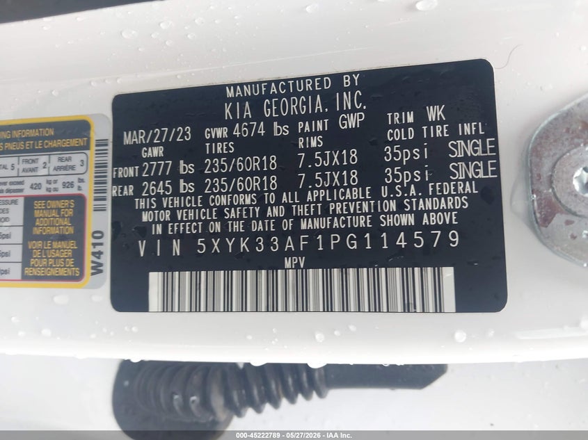 2023 Kia Sportage VIN 5XYK33AF1PG114579 IAAI salvage auction — FRONT END, Salvage Title, sold $7,250 on 2026-07-15 (photo 9)