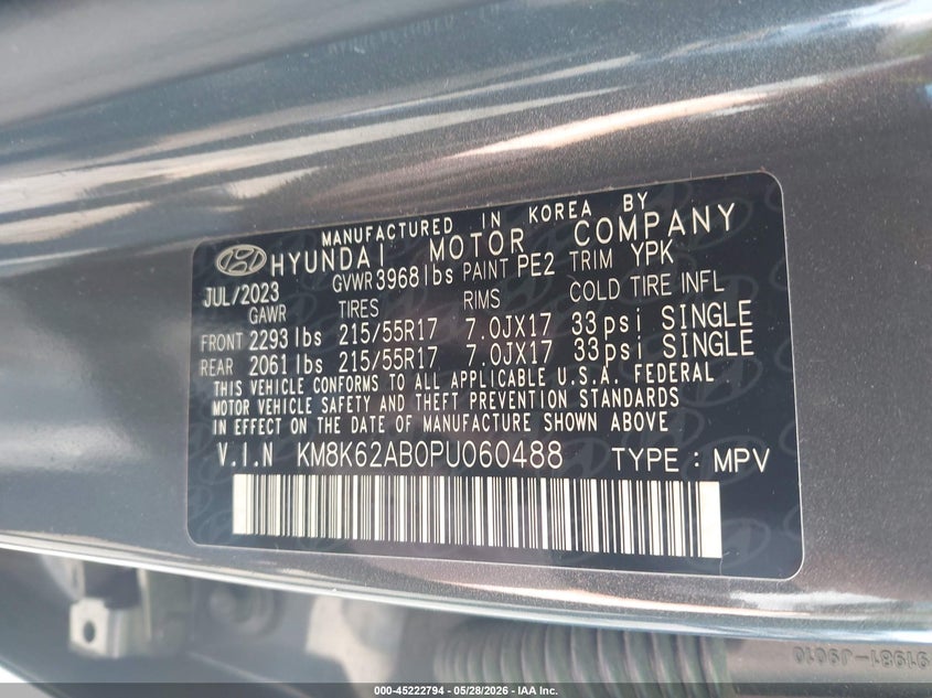 2023 Hyundai Kona VIN KM8K62AB0PU060488 IAAI salvage auction — LEFT REAR, Salvage Title, sold $5,050 on 2026-07-21 (photo 9)