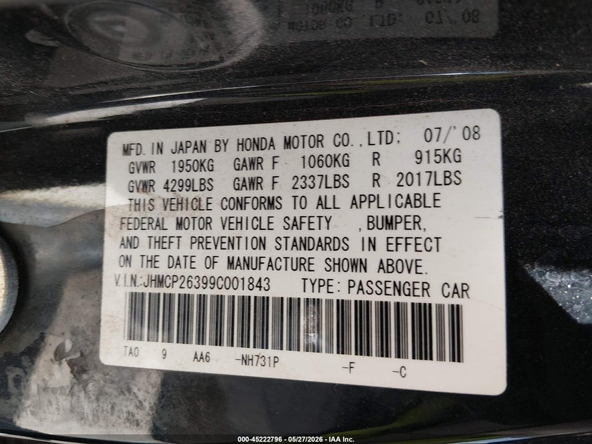 2009 Honda Accord VIN JHMCP26399C001843 IAAI salvage auction — FRONT END, Salvage (Texas), sold $325 on 2026-07-22 (photo 9)