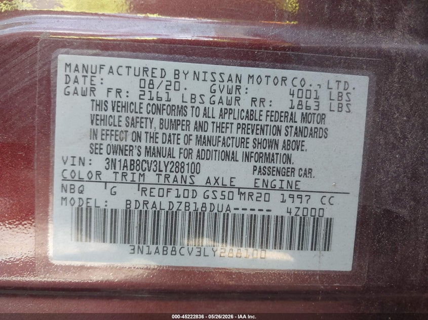 2020 Nissan Sentra VIN 3N1AB8CV3LY288100 IAAI salvage auction — LEFT REAR, Salvage Title, sold $2,800 on 2026-07-25 (photo 9)