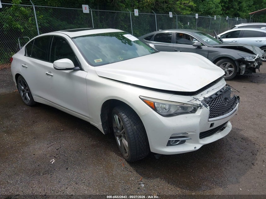 2014 Infiniti Q50 VIN JN1BV7AR4EM685641 IAAI salvage auction — LEFT FRONT, Salvage - Greater Than 75% (Maryland), sold $425 on 2026-07-28 (photo 1)