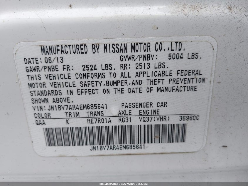 2014 Infiniti Q50 VIN JN1BV7AR4EM685641 IAAI salvage auction — LEFT FRONT, Salvage - Greater Than 75% (Maryland), sold $425 on 2026-07-28 (photo 9)