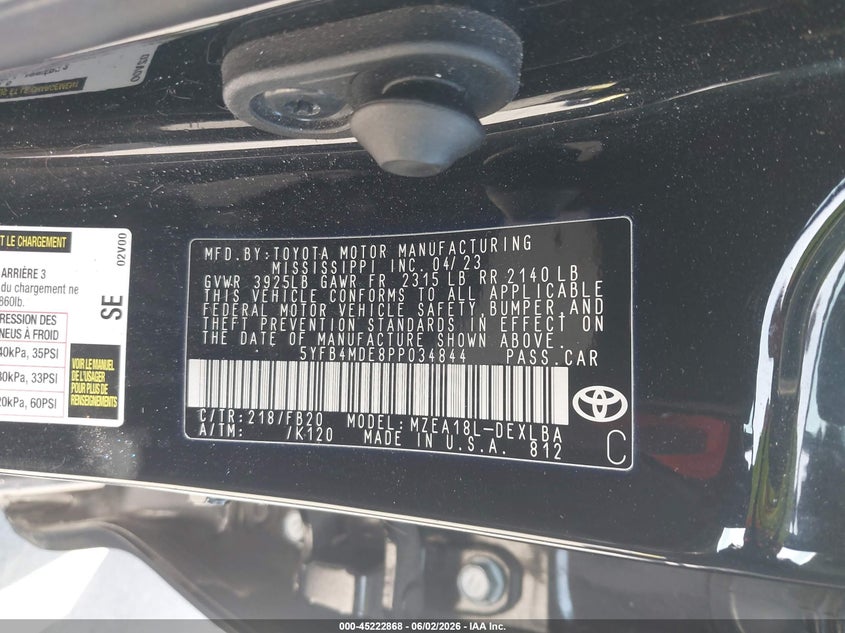 2023 Toyota Corolla VIN 5YFB4MDE8PP034844 IAAI salvage auction — LEFT REAR, Salvage Title, sold $5,500 on 2026-07-29 (photo 9)