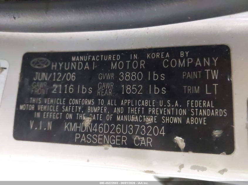 2006 Hyundai Elantra VIN KMHDN46D26U373204 IAAI salvage auction — LEFT FRONT, Clear (New York), sold $400 on 2026-07-08 (photo 9)