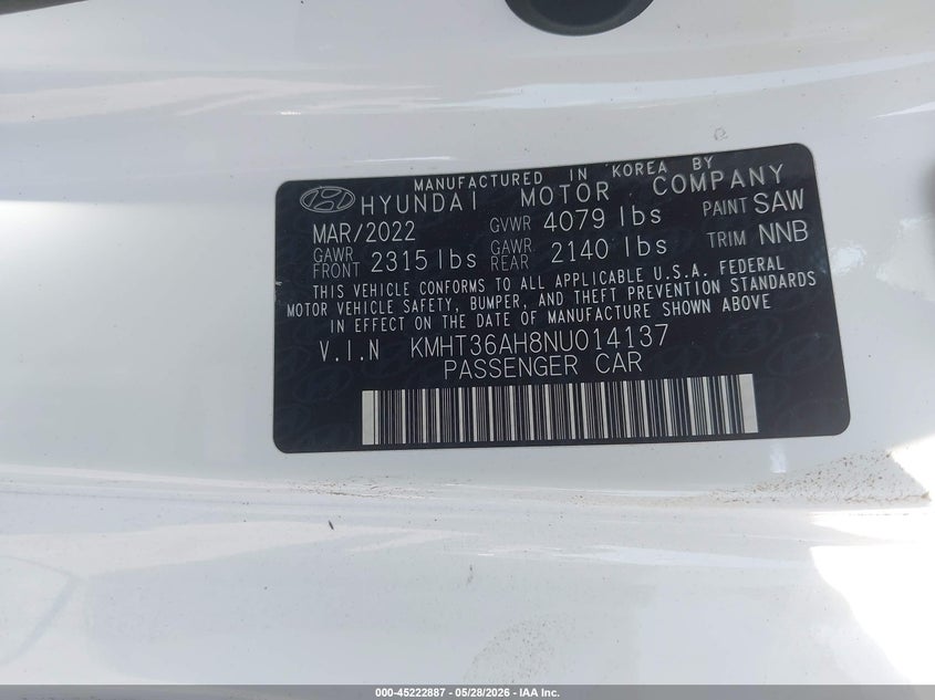 2022 Hyundai Veloster VIN KMHT36AH8NU014137 IAAI salvage auction — FRONT END, Salvage (Texas), sold $1,250 on 2026-07-29 (photo 9)
