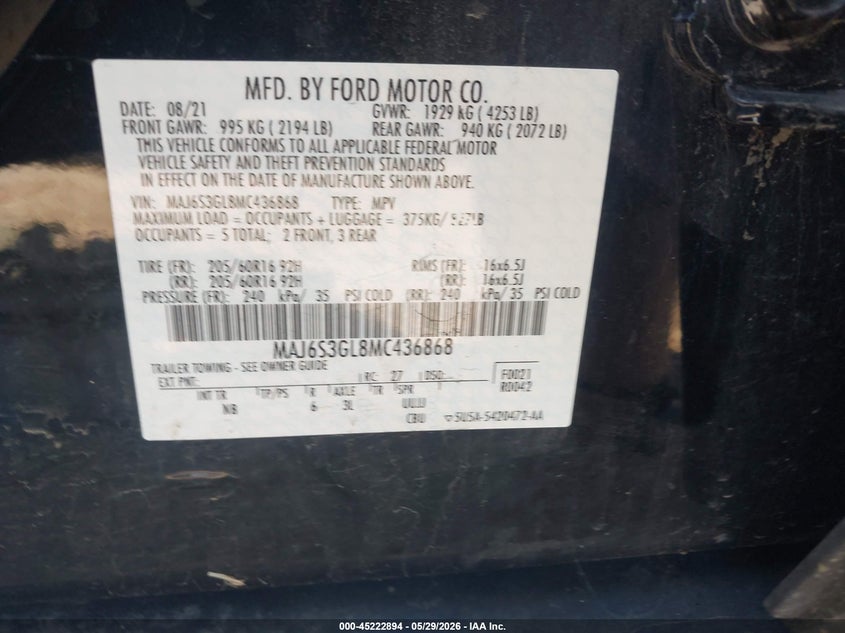 2021 Ford Ecosport VIN MAJ6S3GL8MC436868 IAAI salvage auction — FRONT END, Salvage Title, sold $625 on 2026-07-14 (photo 9)