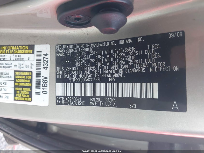 2010 Toyota Sienna VIN 5TDKK4CC0AS314570 IAAI salvage auction — WATER/FLOOD, Salvage (Georgia), sold $750 on 2026-07-14 (photo 9)