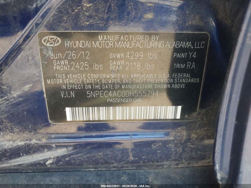2013 Hyundai Sonata VIN 5NPEC4AC0DH555794 IAAI salvage auction — FRONT END, Original (Texas), sold $975 on 2026-08-02 (photo 9)
