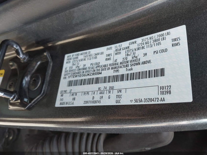 2018 Ford F-150 VIN 1FTEW1EG0JKC85594 IAAI salvage auction — REAR END, Salvage Title, sold $13,800 on 2026-07-05 (photo 9)