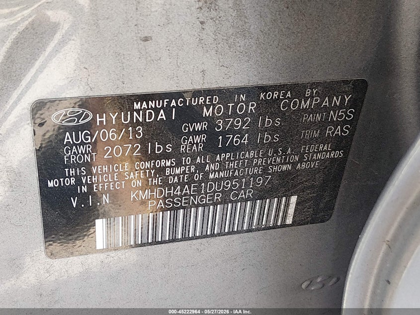 2013 Hyundai Elantra VIN KMHDH4AE1DU951197 IAAI salvage auction — THEFT, Bill Of Sale (Washington), sold $925 on 2026-07-22 (photo 9)