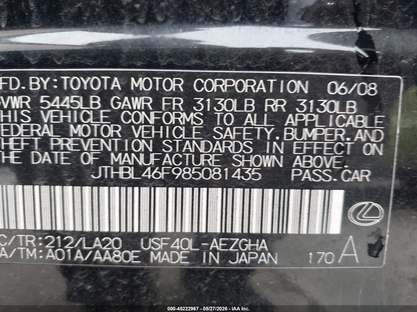 2008 Lexus Ls VIN JTHBL46F985081435 IAAI salvage auction — NORMAL WEAR, Original (Texas), sold $1,400 on 2026-07-06 (photo 9)