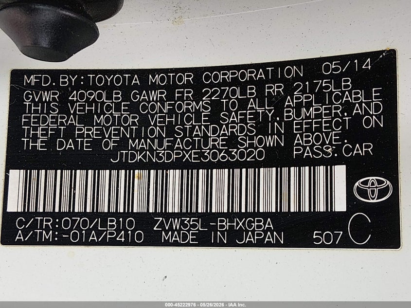 2014 Toyota Prius VIN JTDKN3DPXE3063020 IAAI salvage auction — SIDE, Salvage Title, sold $2,000 on 2026-07-13 (photo 9)