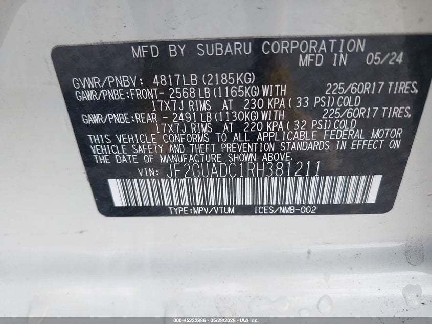 2024 Subaru Xv VIN JF2GUADC1RH381211 IAAI salvage auction — FRONT END, Salvage Title, sold $475 on 2026-07-28 (photo 9)
