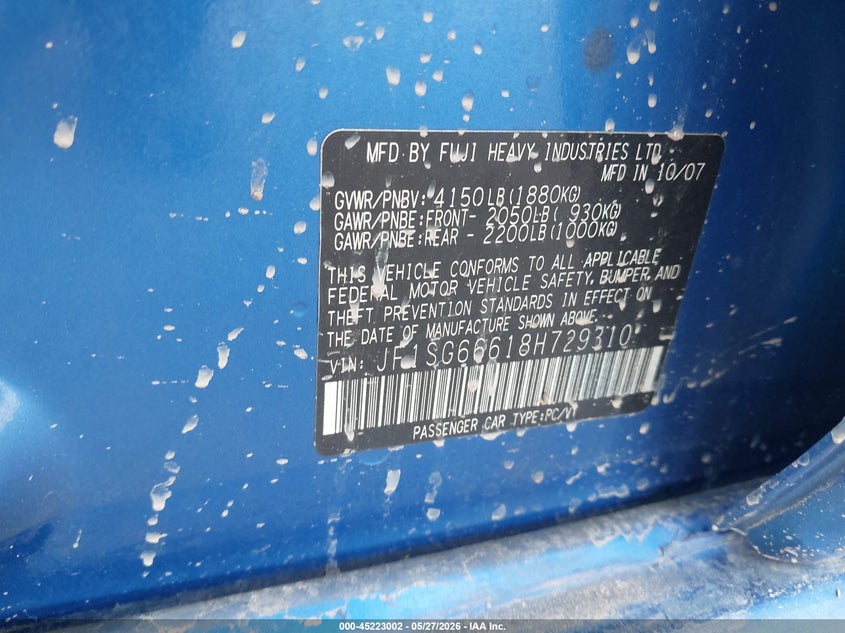 2008 Subaru Forester VIN JF1SG66618H729310 IAAI salvage auction — FRONT END, Salvage (Idaho), sold $250 on 2026-07-29 (photo 9)