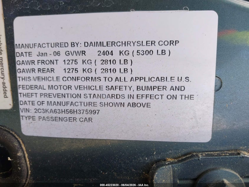 2006 Chrysler 300c VIN 2C3KA63H56H375997 IAAI salvage auction — NORMAL WEAR, Clear-Dealer Only (Iowa), sold $800 on 2026-07-08 (photo 9)