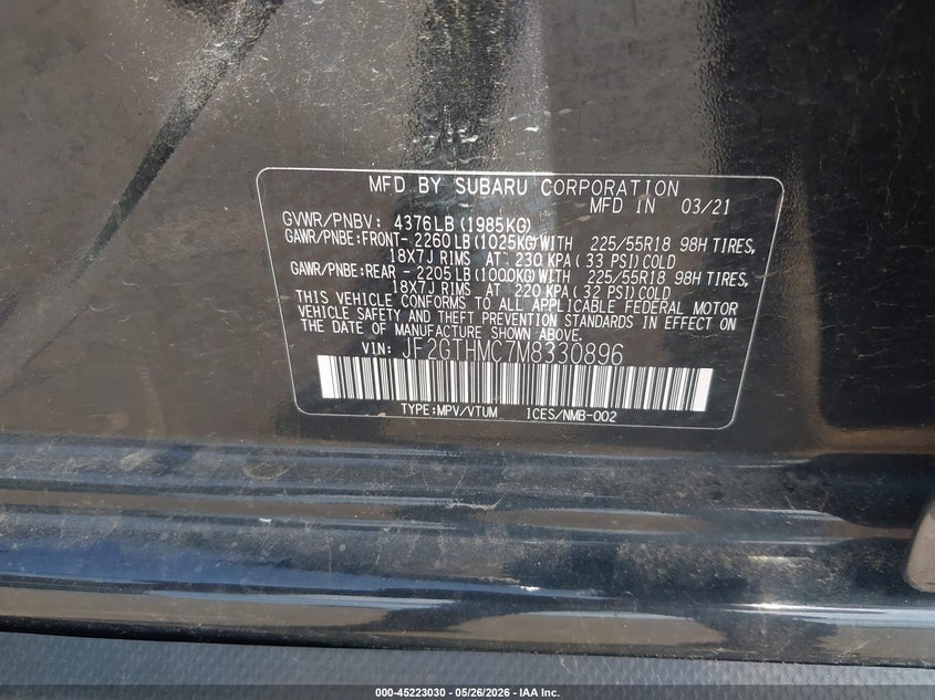 2021 Subaru Xv VIN JF2GTHMC7M8330896 IAAI salvage auction — FRONT END, Salvage (Minnesota), sold $4,800 on 2026-07-27 (photo 9)