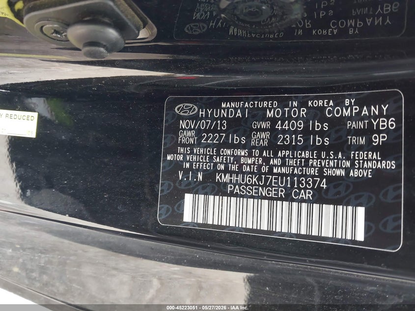 2014 Hyundai Genesis VIN KMHHU6KJ7EU113374 IAAI salvage auction — FRONT END, Original (Texas), sold $2,850 on 2026-07-07 (photo 9)
