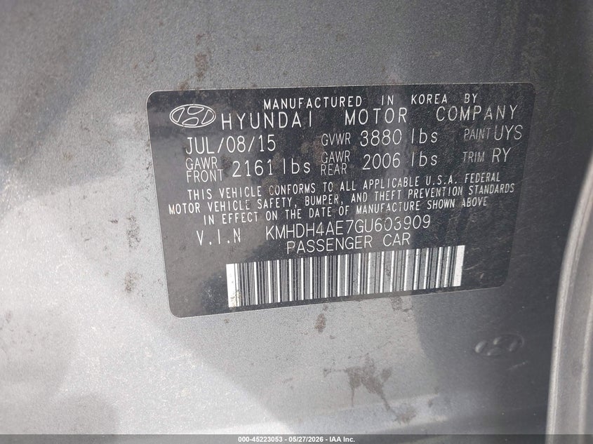 2016 Hyundai Elantra VIN KMHDH4AE7GU603909 IAAI salvage auction — FRONT END, Salvage (Connecticut), sold $950 on 2026-07-09 (photo 9)