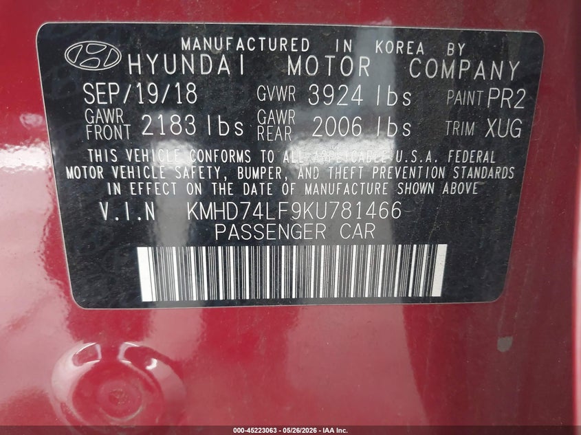 2019 Hyundai Elantra VIN KMHD74LF9KU781466 IAAI salvage auction — NORMAL WEAR, Salvage (California), sold $1,150 on 2026-07-07 (photo 9)