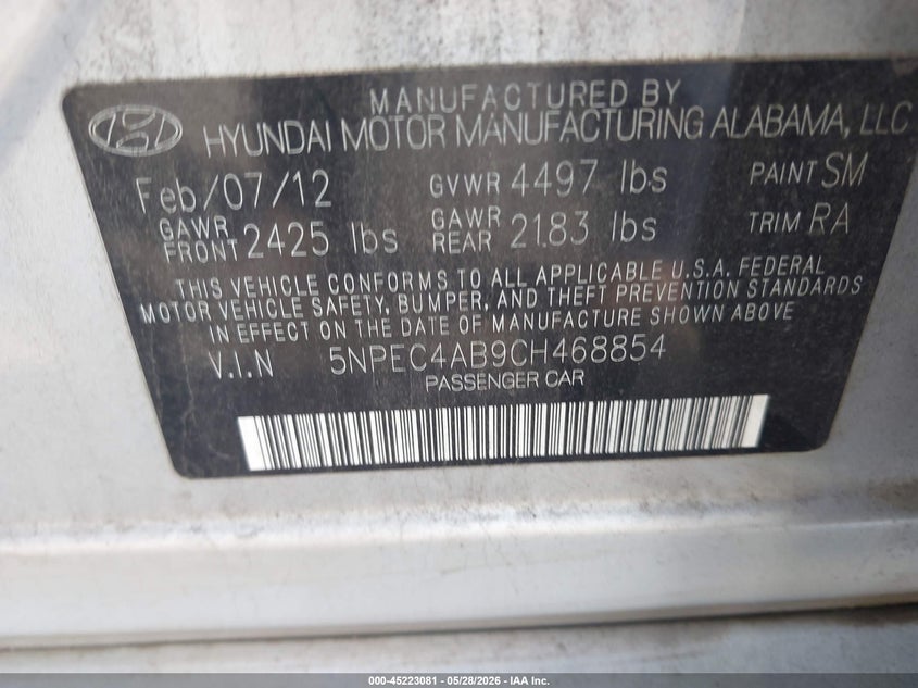 2012 Hyundai Sonata VIN 5NPEC4AB9CH468854 IAAI salvage auction — SIDE, Repossession Paperwork (South Carolina), sold $675 on 2026-07-21 (photo 9)