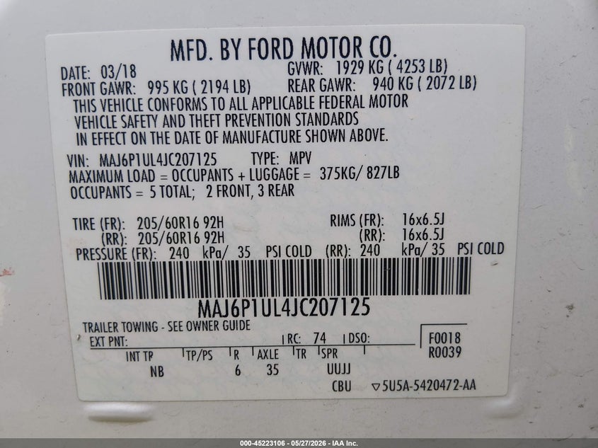 2018 Ford Ecosport VIN MAJ6P1UL4JC207125 IAAI salvage auction — FRONT END, Salvage Title, sold $1,875 on 2026-07-15 (photo 9)