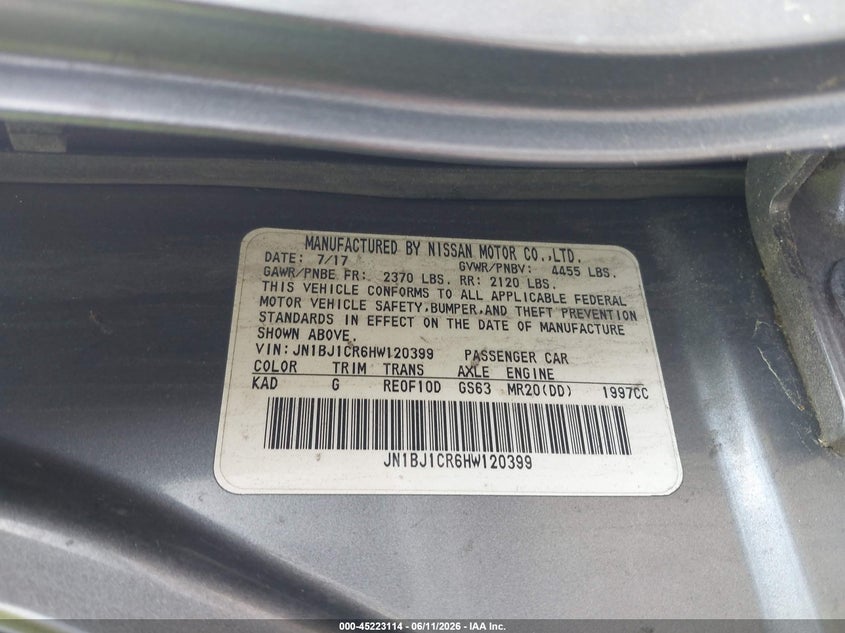 2017 Nissan Rogue VIN JN1BJ1CR6HW120399 IAAI salvage auction — FRONT END, Salvage (Massachusetts), sold $400 on 2026-07-10 (photo 9)