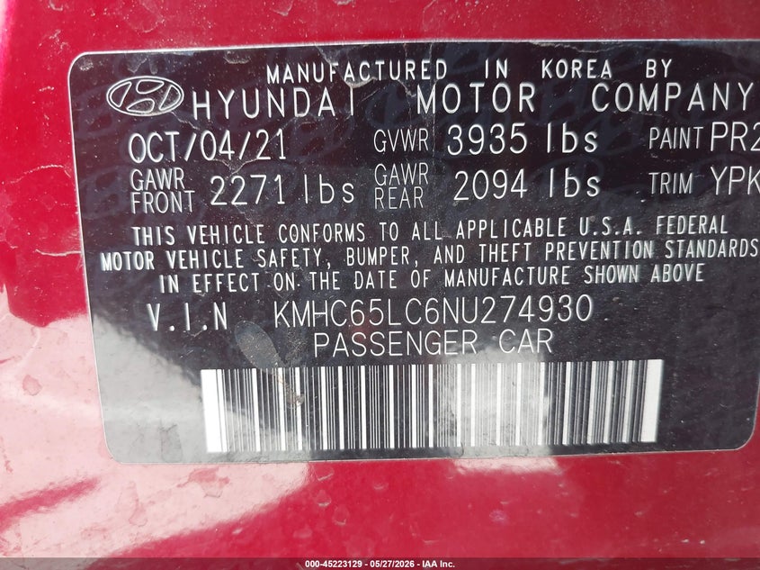 2022 Hyundai Ioniq VIN KMHC65LC6NU274930 IAAI salvage auction — FRONT END, Salvage (Arizona), sold $50 on 2026-07-28 (photo 9)