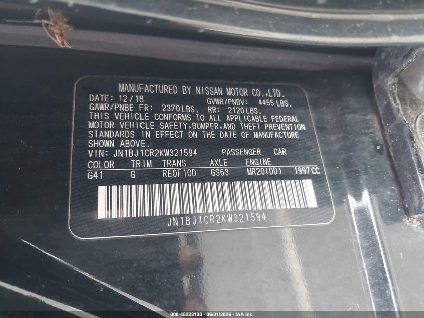 2019 Nissan Rogue VIN JN1BJ1CR2KW321594 IAAI salvage auction — REAR END, Salvage Title, sold $25 on 2026-07-23 (photo 9)