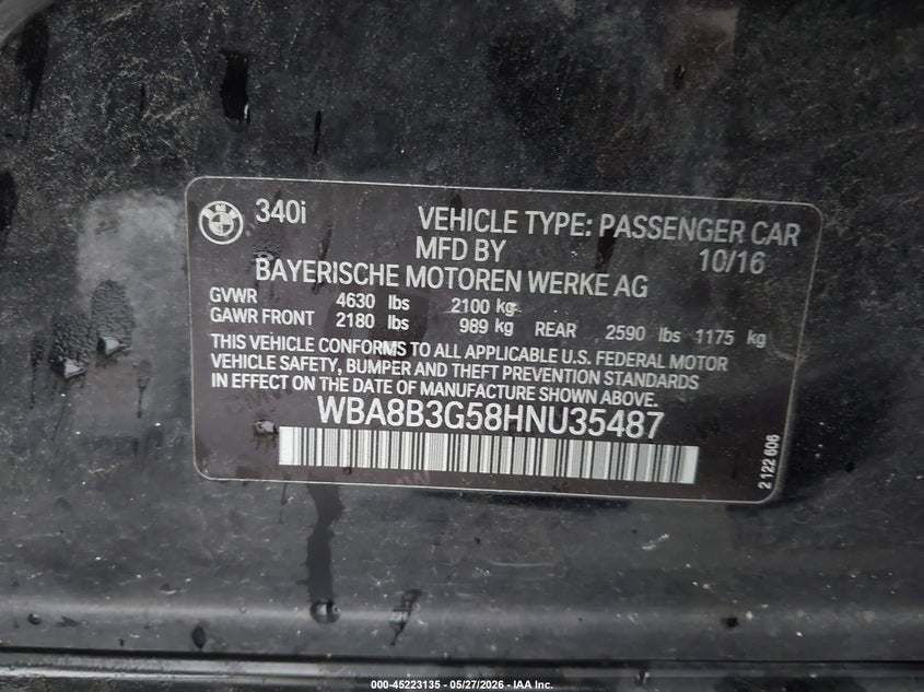 2017 BMW 3er VIN WBA8B3G58HNU35487 IAAI salvage auction — RIGHT FRONT, Original (Texas), sold $25 on 2026-07-29 (photo 9)