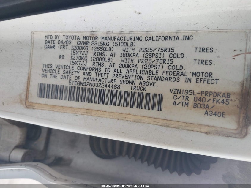 2003 Toyota Tacoma VIN 5TEGN92N03Z244488 IAAI salvage auction — REAR END, Salvage (California), sold $4,750 on 2026-07-09 (photo 9)